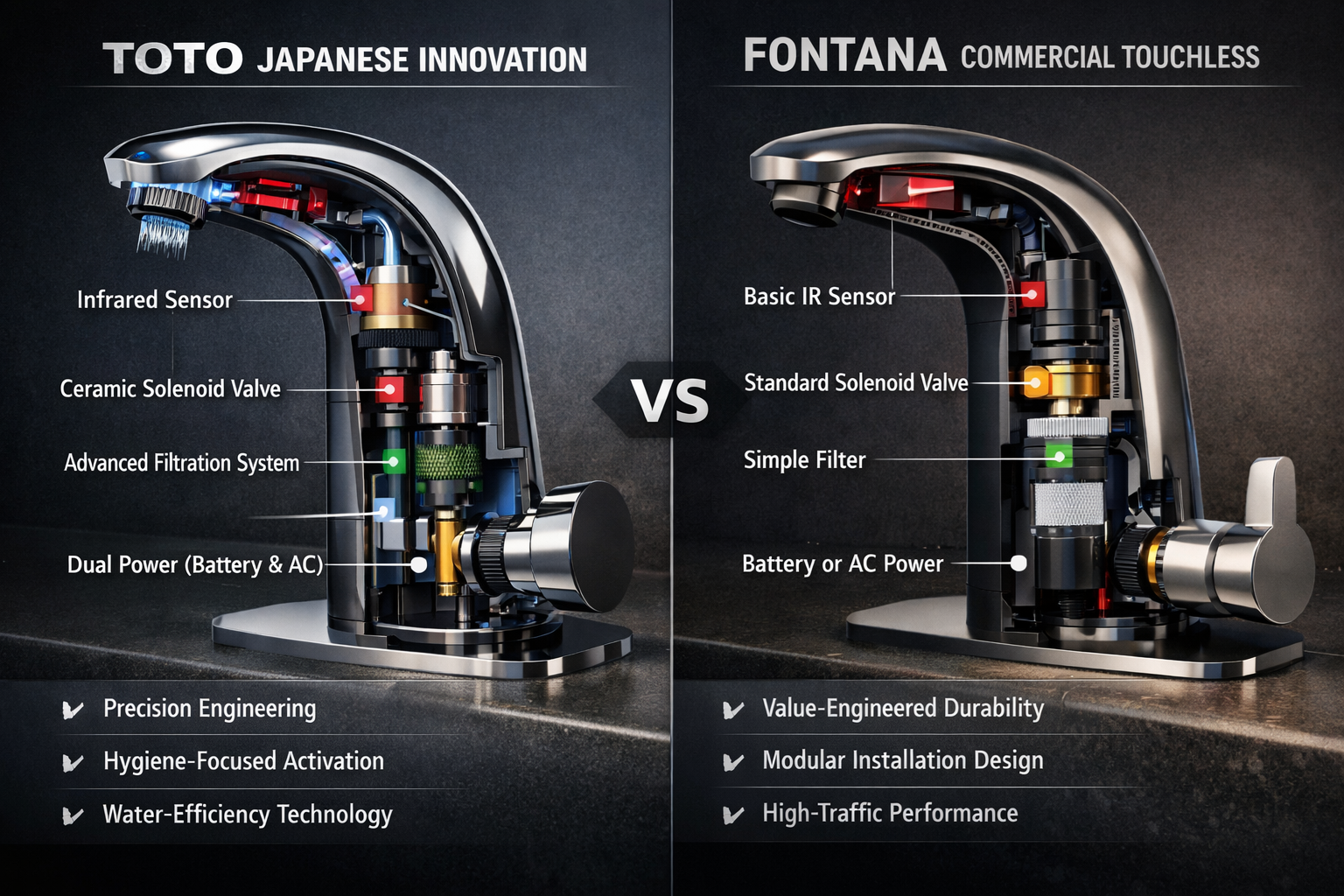TOTO Japanese innovation versus Fontana commercial touchless faucets